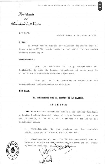 Convocatoria para el tratamiento de la Ley Bases en el Senado.