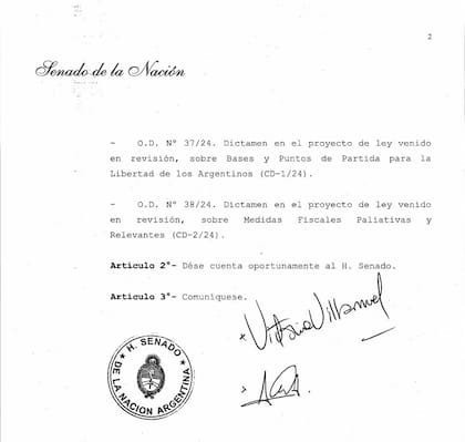 Convocatoria para el tratamiento de la Ley Bases en el Senado.