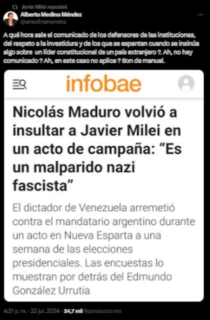 El retuit de Javier Milei contra Nicolás Maduro. Foto: captura